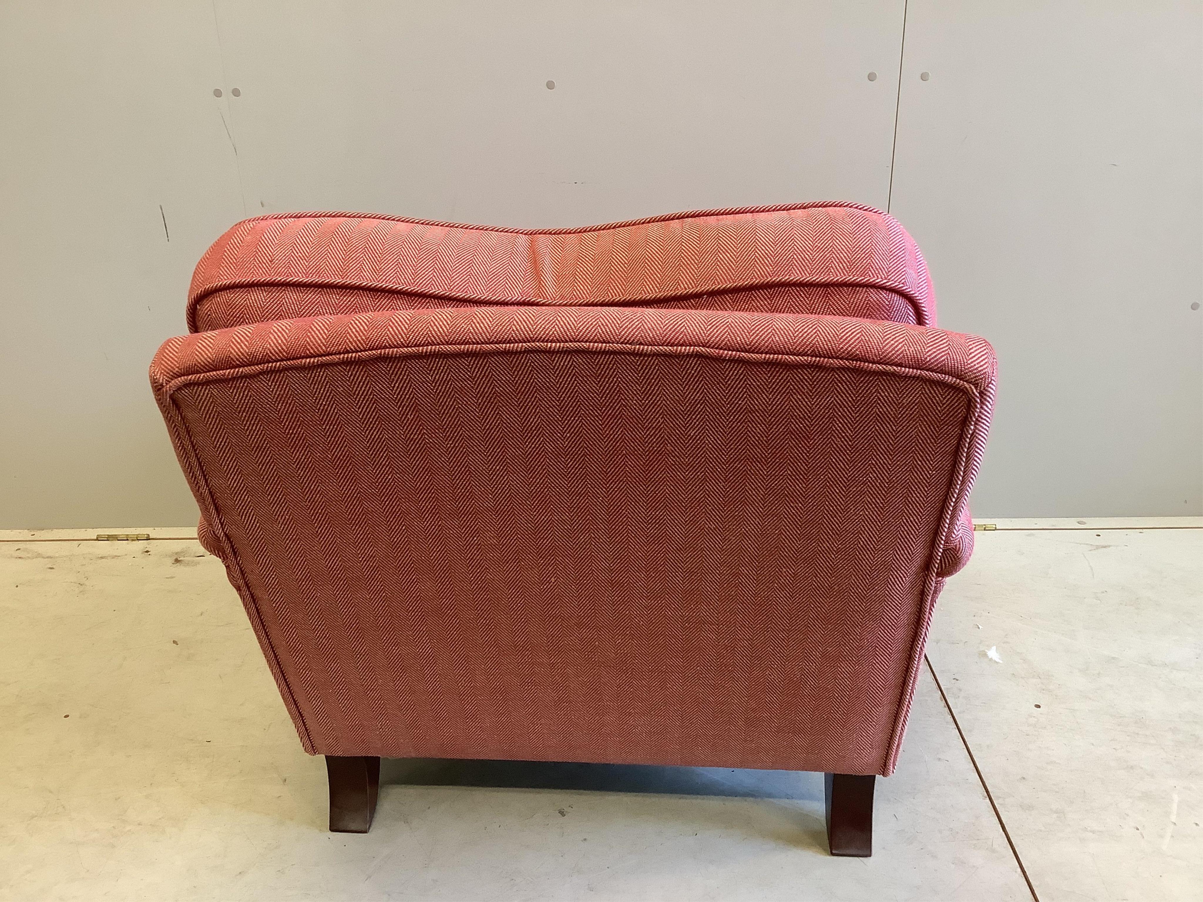 A modern Howard style upholstered armchair, width 90cm, depth 100cm, height 75cm. Condition - fair